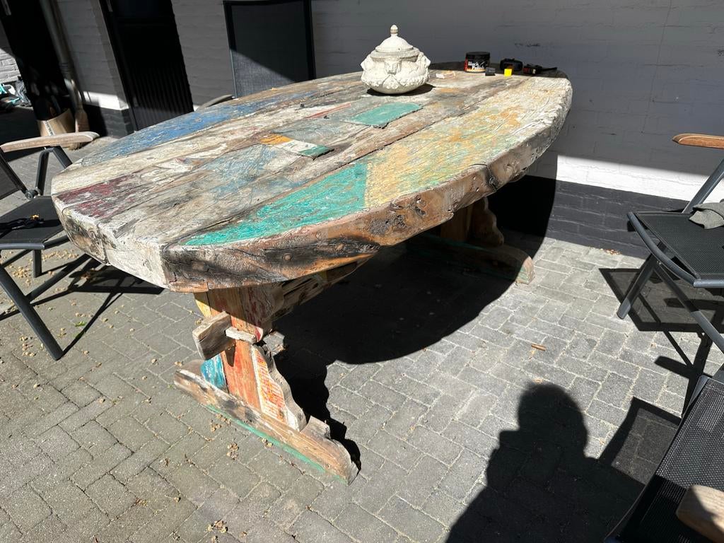 Massieve Teak Afro Ovale Tafel - 170x100 cm, 9 cm blad, Gebruikt, Teakhout, 150 tot 200 cm, Ovaal