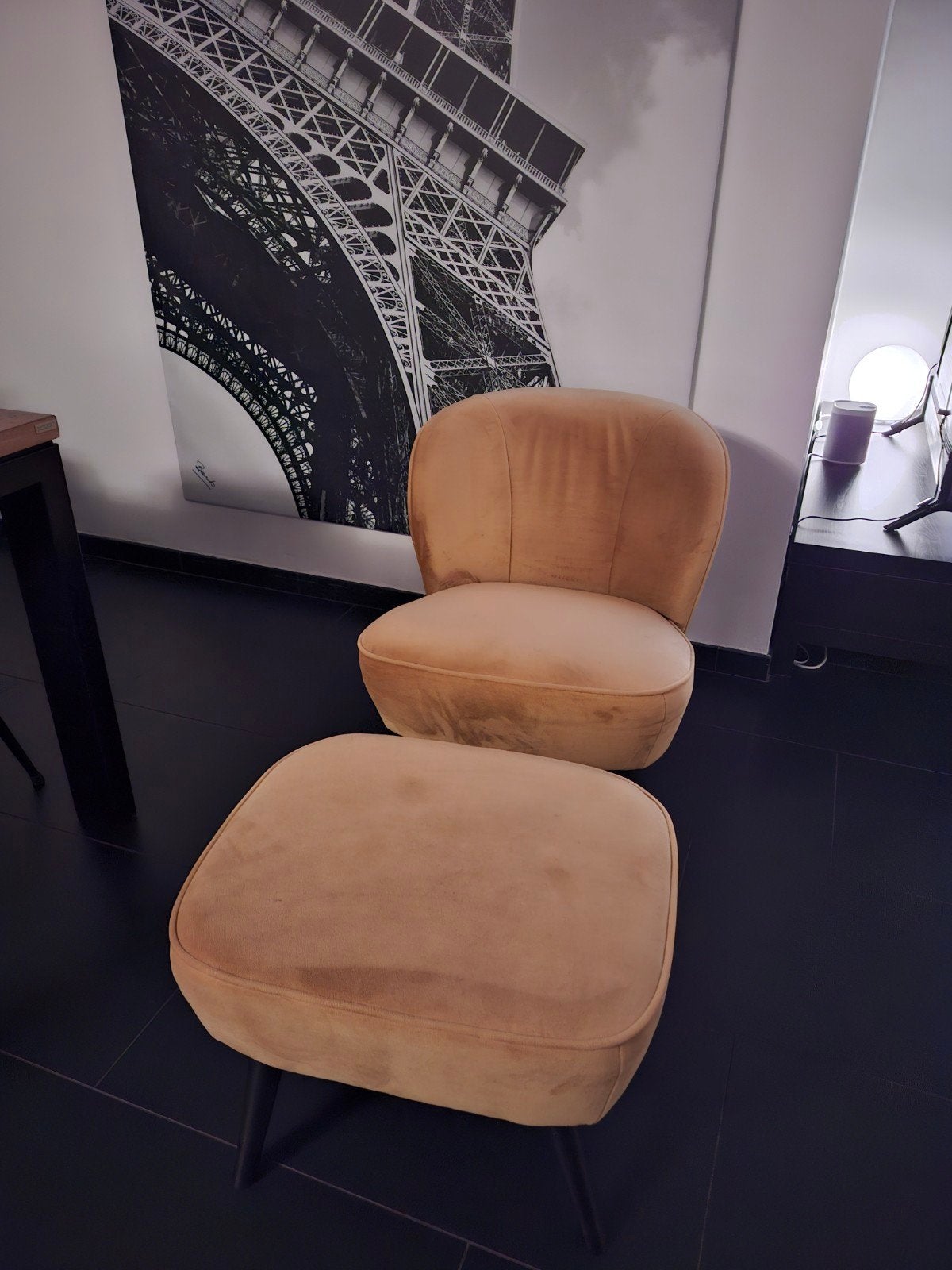 Fauteuil +hocker Sara Woood okergeel, Ophalen, Zo goed als nieuw, Overige kleuren, Eén