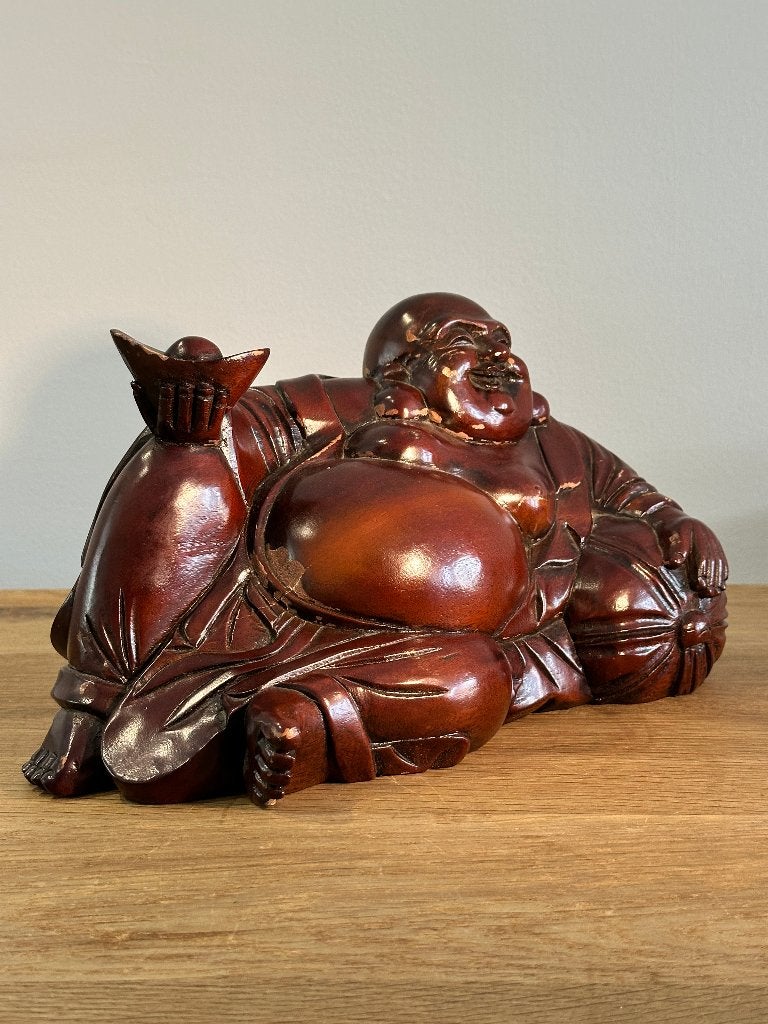 Grote handgesneden houten Lachende Boeddha / Budai, Ophalen, Handgemaakt, 20 - 50 cm, Beeld
