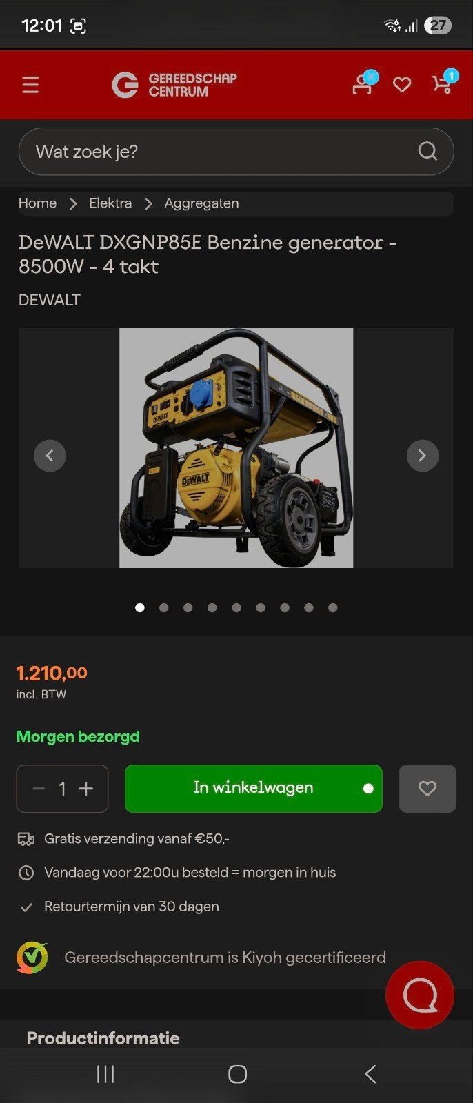 Dewalt 8.5 kW Aggregaat - Nieuw, Ophalen of Verzenden, Nieuw, 5 tot 10 kVA, Benzine