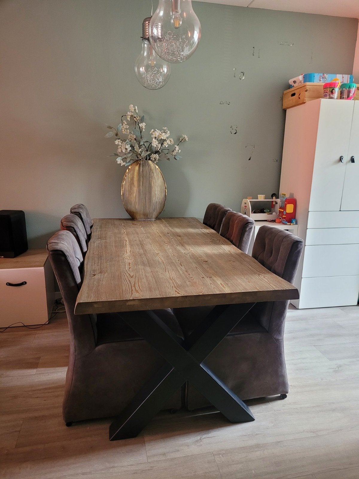 Boomstam eettafel kruispoot 200 x 100 cm, Ophalen, Gebruikt, 100 tot 150 cm, 200 cm of meer