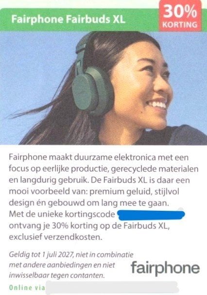Fairphone Fairbuds XL - 30% kortingslink/code, Eén persoon, Kortingsbon, Warenhuis- of Winkelbon