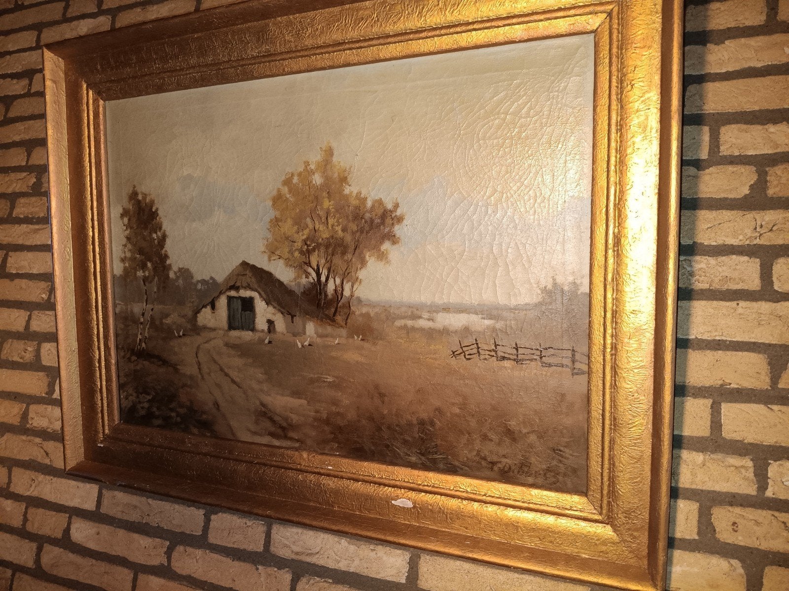 Oud Hollands Landschap Schilderij met Boerderij tom dibbets, Antiek en Kunst, Doek, Oud hollands, Ophalen of Verzenden, Landschap