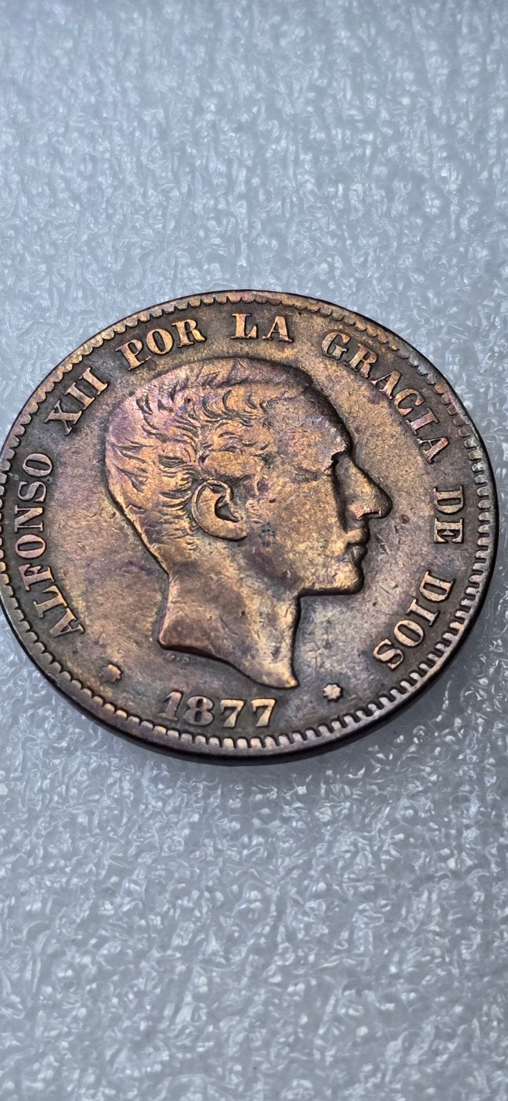 Zeldzame Spaanse 10 Centimos munt uit 1877 - Alfonso XII, Postzegels en Munten, Ophalen of Verzenden