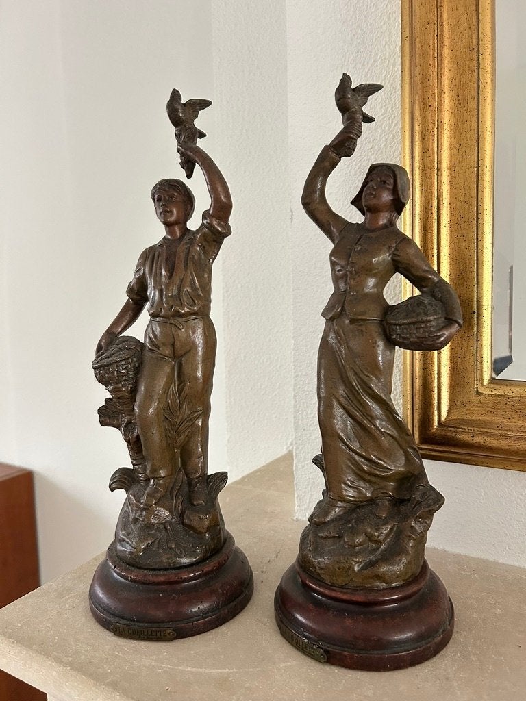 Set beelden ‘La Cueillette’ | jongen & meisje | Franse stijl, Overige materialen, Ophalen of Verzenden, Bruin, Gebruikt
