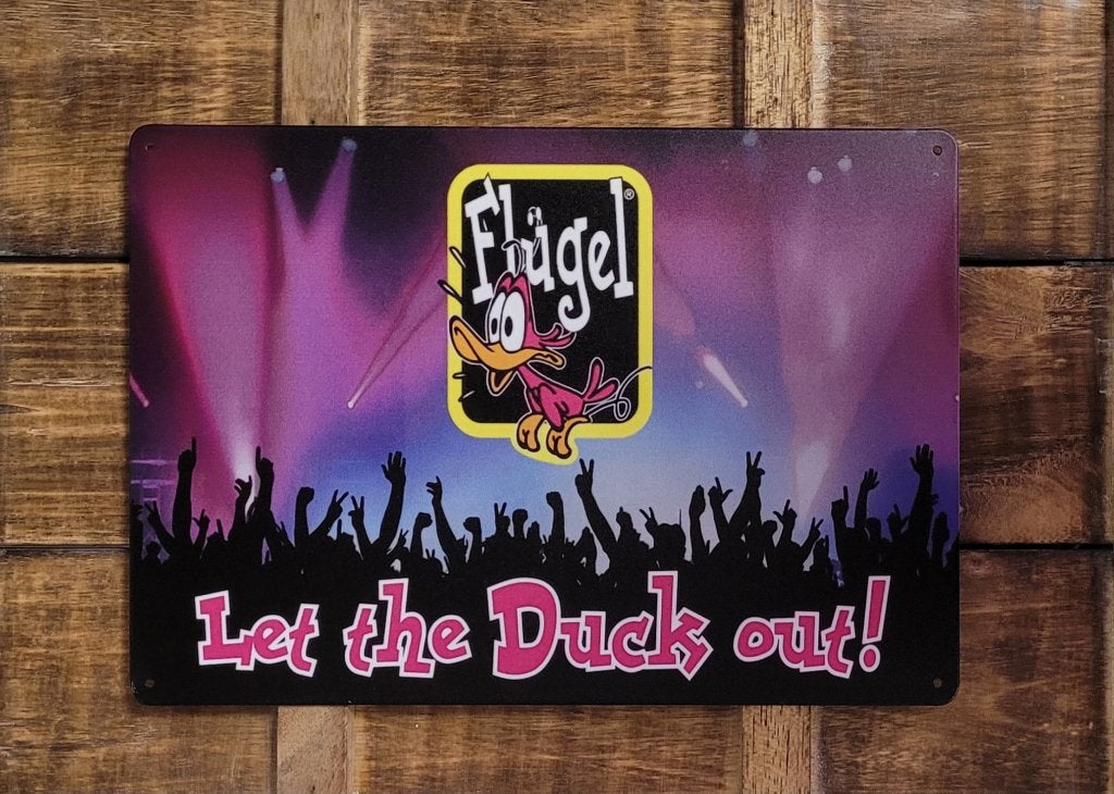 Flugel let the duck out horizontaal reclamebord van metaal, Verzamelen, Merken en Reclamevoorwerpen, Reclamebord, Info@deconoord.nl