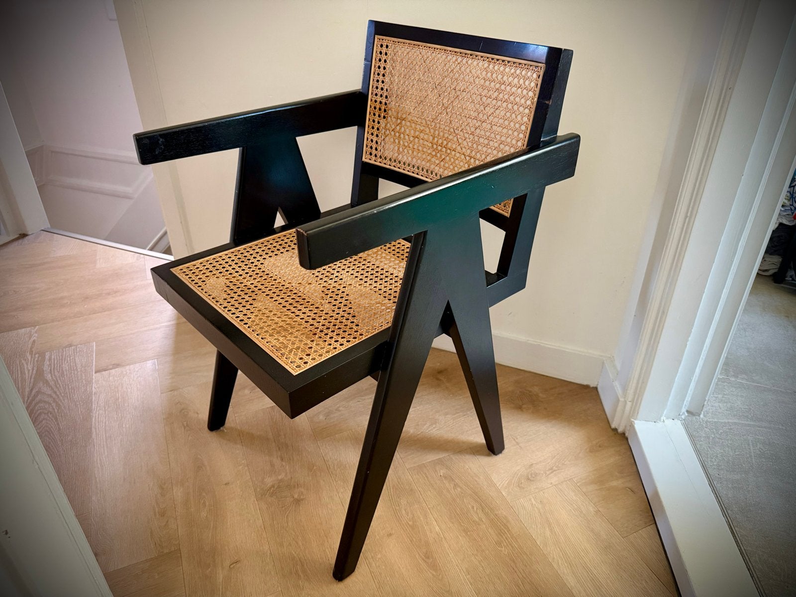 6 design stoelen Pierre Jeanneret stijl | Zwart hout & rotan, Ophalen, Gebruikt, Zwart, Vijf, Zes of meer stoelen