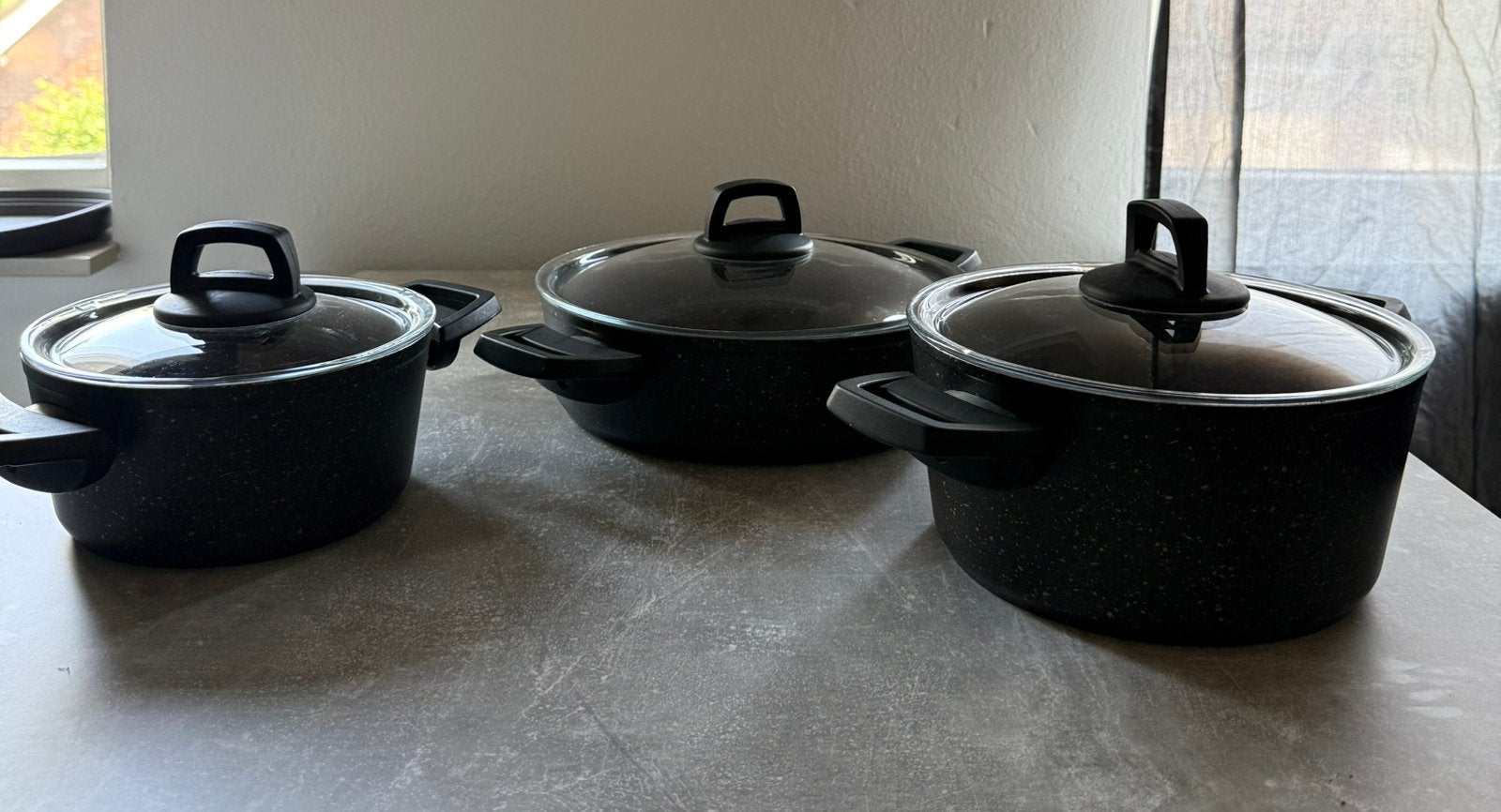 3 delige Karaca pannenset te koop, Ophalen, Gebruikt, Rvs, Pannenset