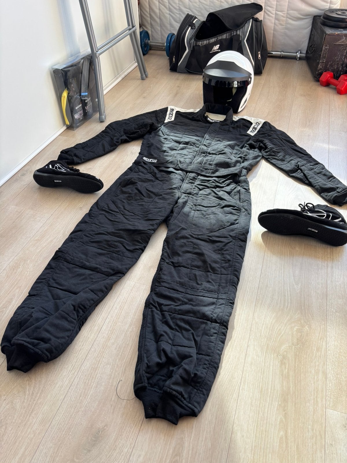 COMPLETE RACEUITRUSTING SPARCO ELITEJET  FIA WEINIG GEBRUIKT, Ophalen of Verzenden, Zo goed als nieuw, Maat 56/58 (XL), Zwart