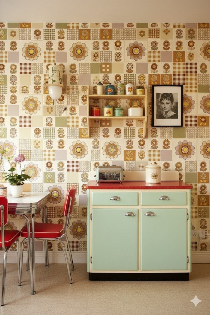 6948 Patchwork bloemen behang bruin groen geel swiet vintage, Huis en Inrichting, Ophalen of Verzenden, Bruin