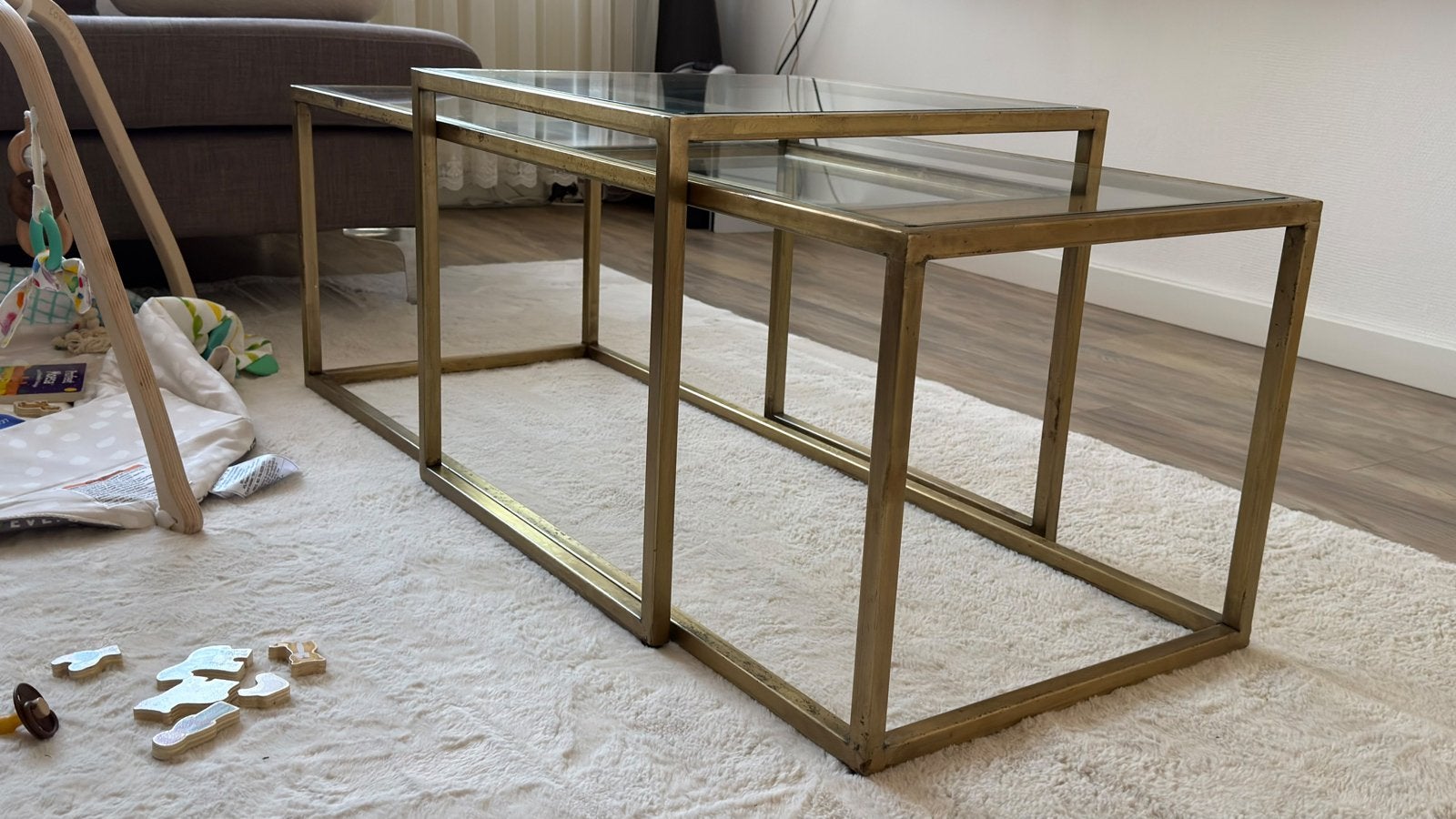 Set van 2 glazen salontafels – goud/messing – vintage look, Ophalen, Gebruikt, 100 tot 150 cm, 50 tot 100 cm