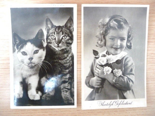 Oude ansichtkaarten: Katten en Meisje met Bloemen, Ophalen of Verzenden, 1940 tot 1960, Gelopen, Kinderen