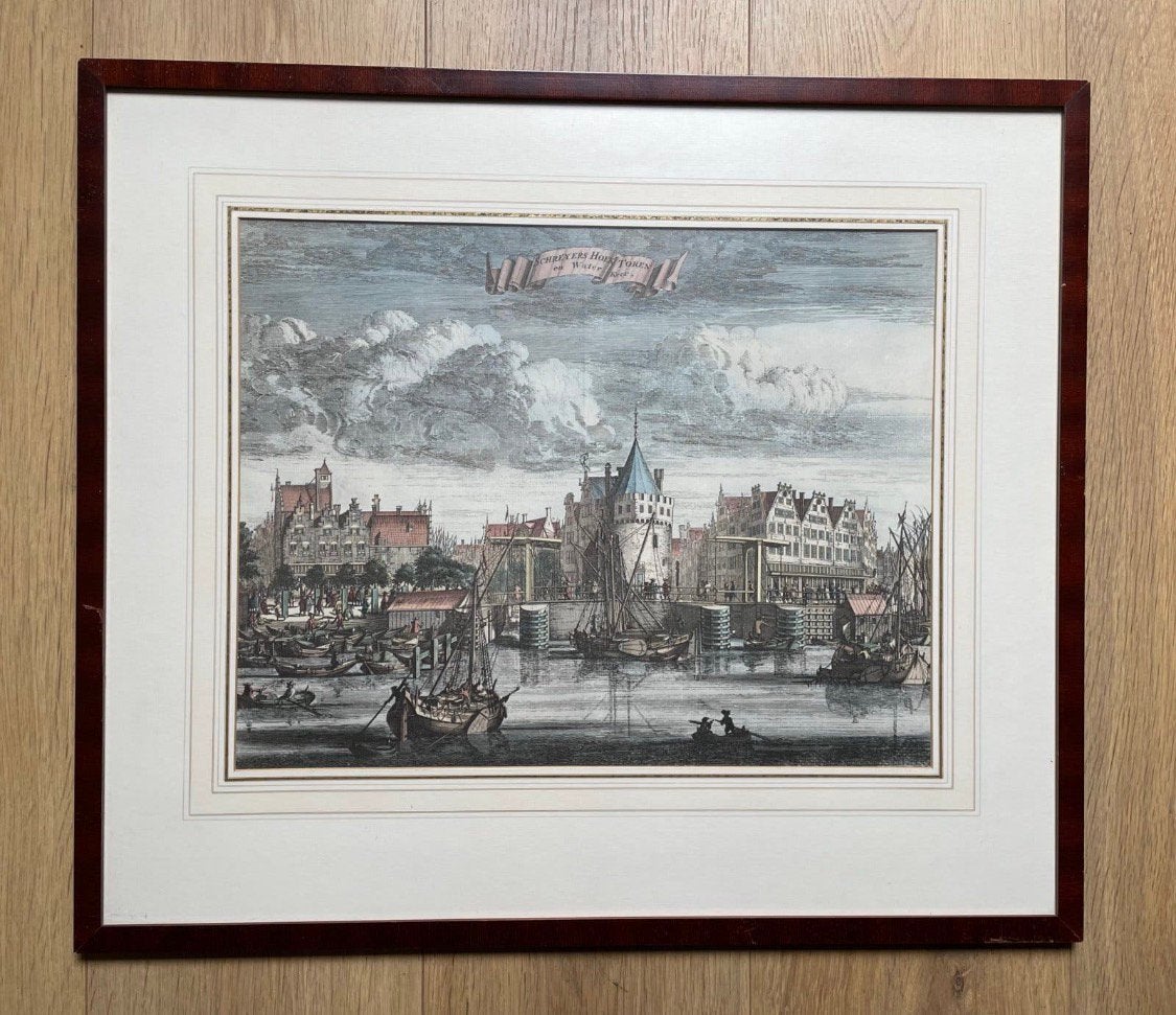 Grote handgekleurde gravure Schreyers Hoek Toren Amsterdam, Antiek en Kunst, Ophalen, Stadsgezicht, Gravure