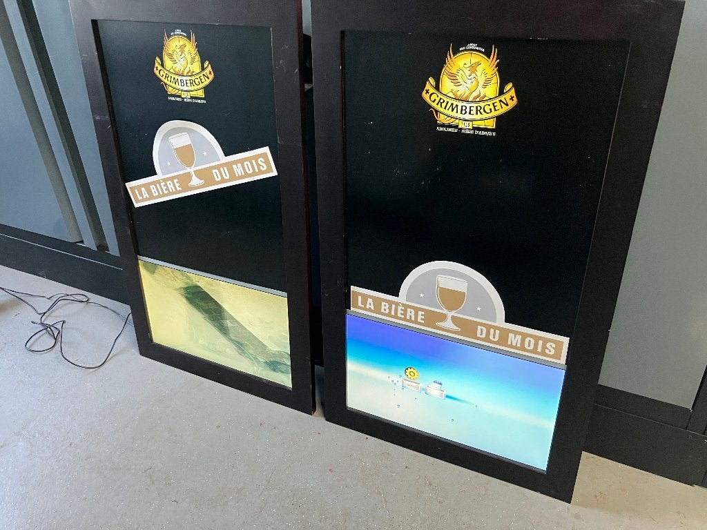 2x Grimbergen promotiebord met beeldscherm!, Ophalen, Gebruikt, Reclamebord, Plaat of Schild, Overige merken