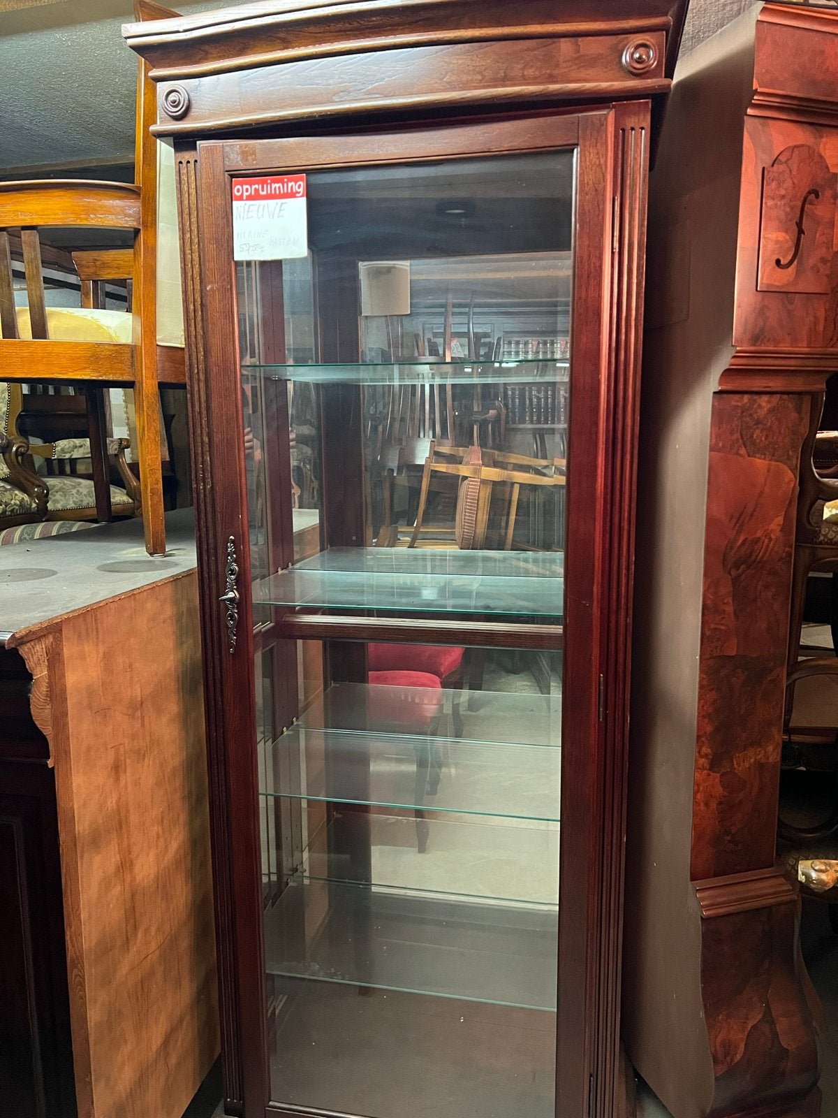 Eiken vitrinekast met glazen platen, spiegel en verlichting, Met plank(en), Gebruikt, Verzenden, Eikenhout
