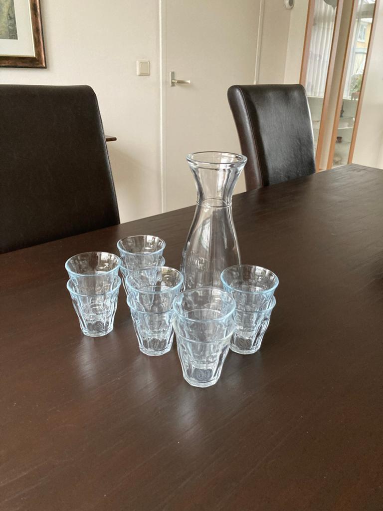 Glazen karaf met 6 bijpassende glazen, Ophalen of Verzenden, Zo goed als nieuw, Overige merken, Glas