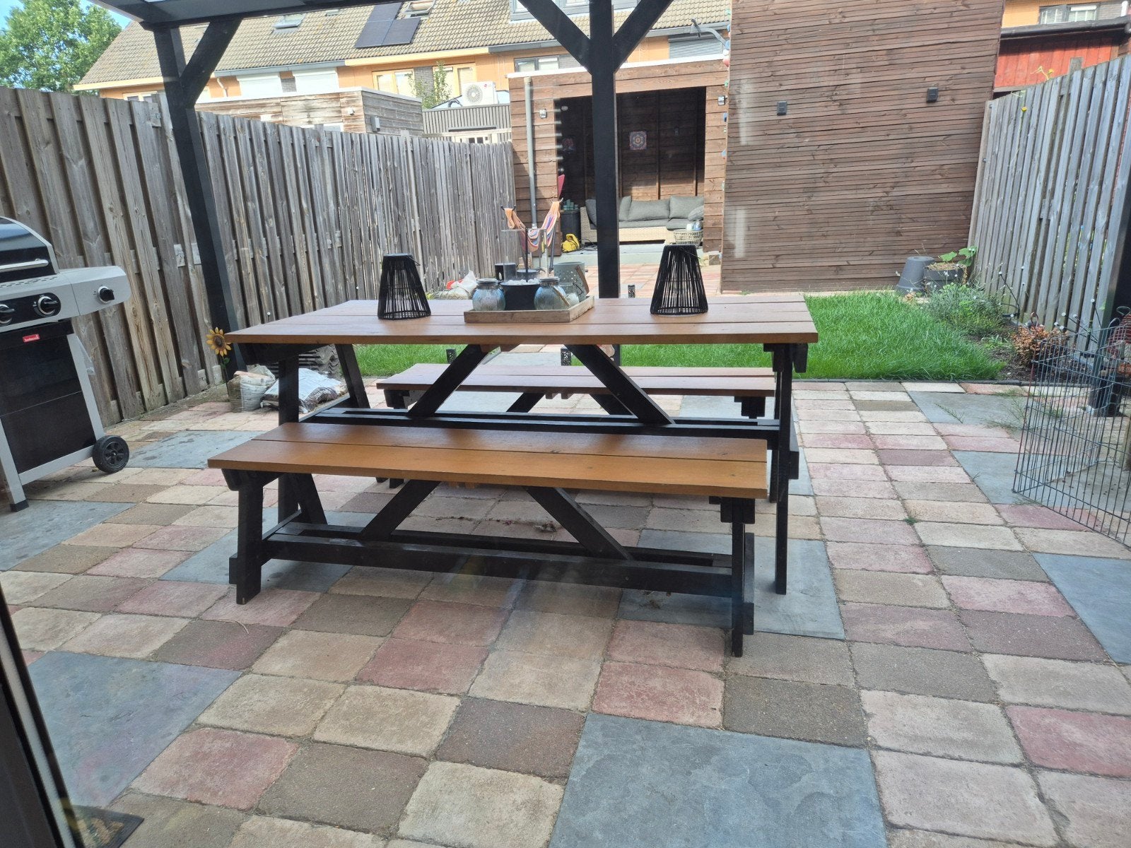 Robuuste picknicktafel met banken, Ophalen, Gebruikt, Rechthoekig, Hout
