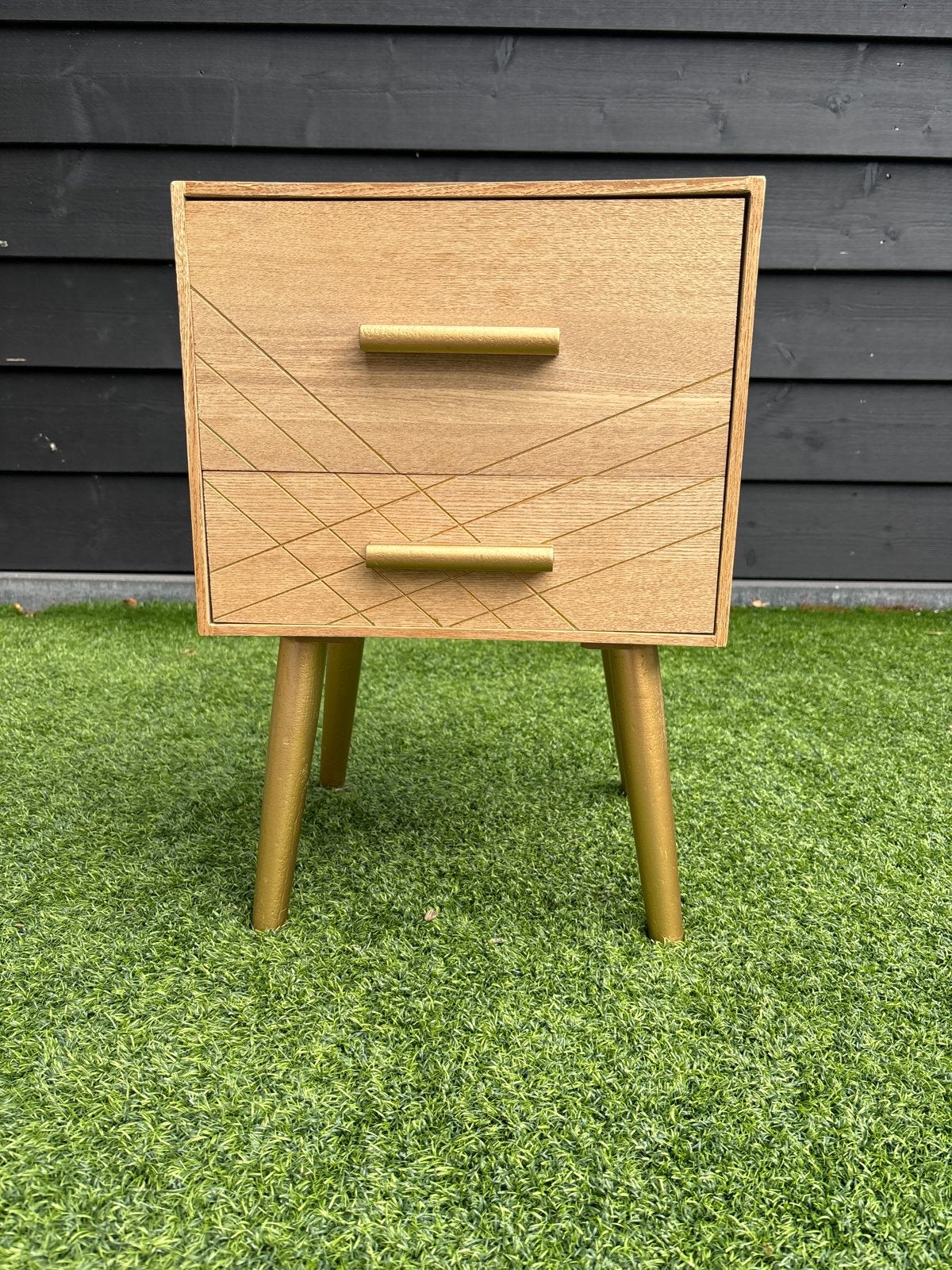 Houten nachtkastje/bijzettafel met gouden accenten, Ophalen, Gebruikt, Minder dan 45 cm, 55 tot 70 cm