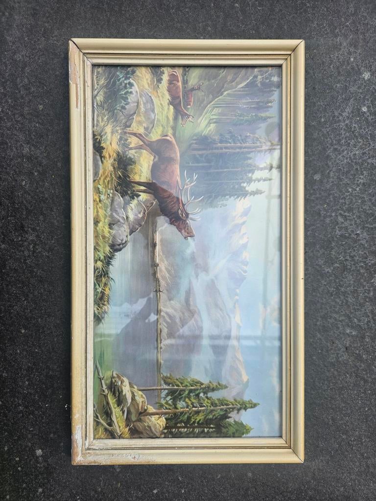 Vintage Herten Schilderij in Lijst - Jachttafereel, Ophalen
