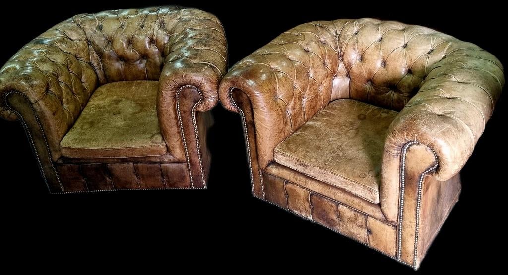2 oude Chesterfield club fauteuils handgepatineerd + BEZORGD, Gebruikt, ., Chesterfield, Ophalen of Verzenden