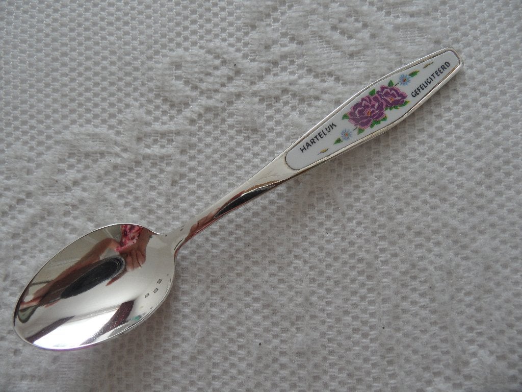 silverplated HCU lepeltje Hartelijk gefeliciteerd (in doos), Ophalen of Verzenden, Nieuw, Rvs of Chroom
