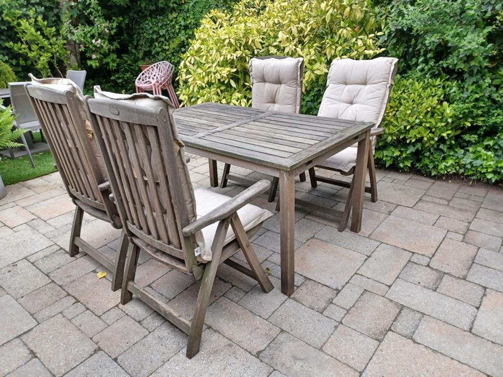 Teakhouten tuinset met 4 stoelen en kussens, Ophalen, 4 zitplaatsen, Gebruikt, Teakhout