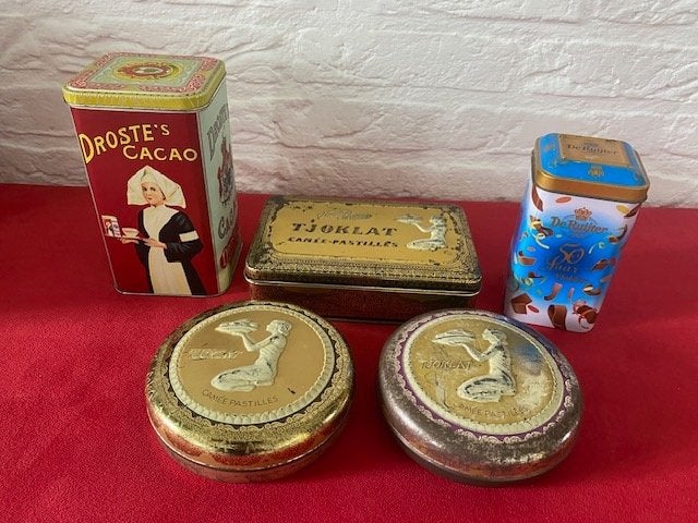 6 vintage chocolade blikken Tjoklat Droste De Ruijter, Ophalen of Verzenden, Gebruikt, Overige, Droste