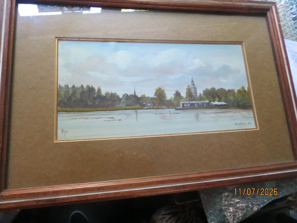 NIEUWKOOP 84, Mooie aquarel met kerken, sign. HEYER 84, Ophalen, Expressionistisch, Stads- / dorpsgezicht
