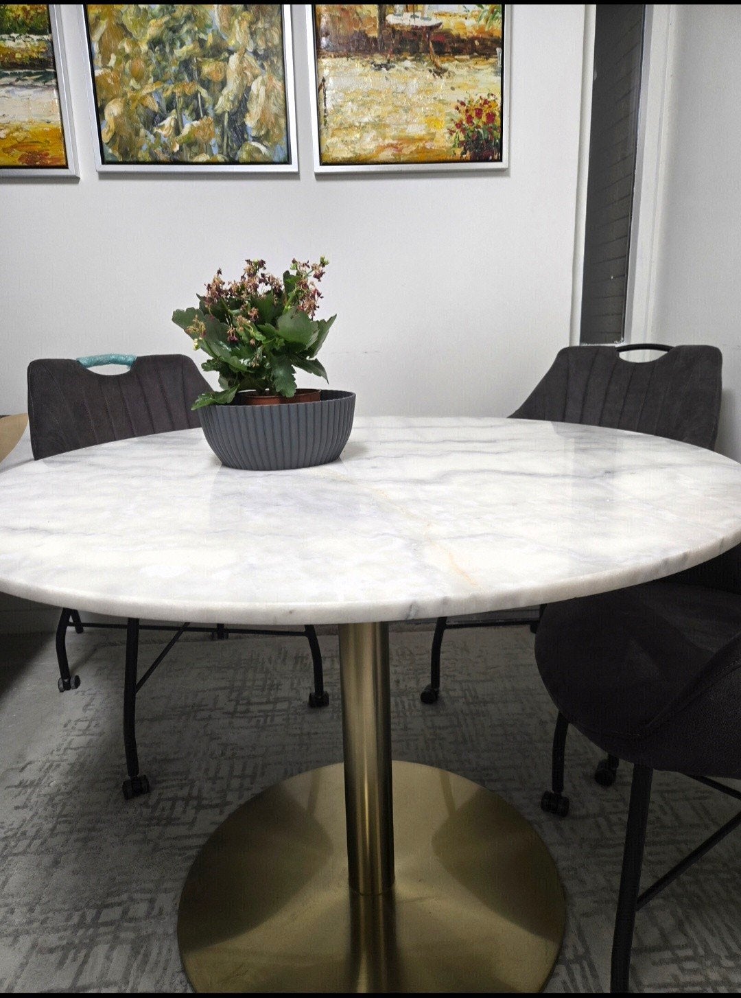 Eettafel met echte marmerblad (beschadigd) en 4 eetstoelen, Ophalen, Gebruikt, Overige materialen, Rond