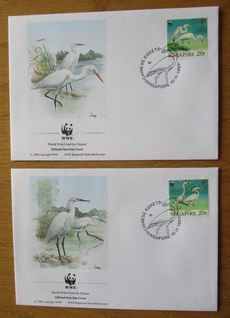 Singapore, WWF serie FDC's Chinese zilverreiger, 1993, Verzenden, Gestempeld, Dier of Natuur
