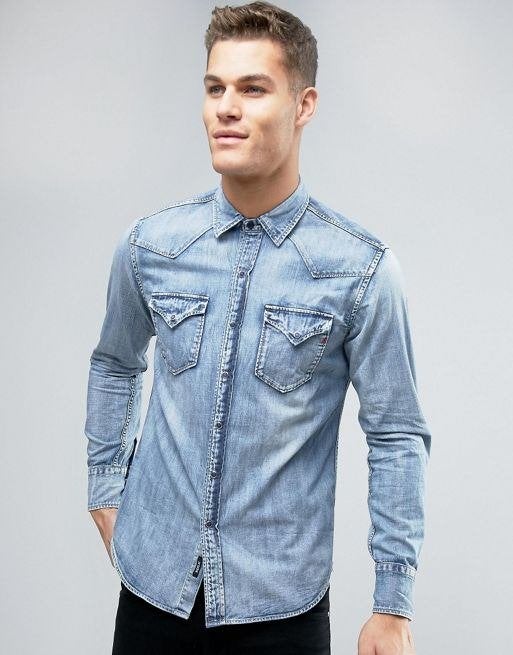 replay denim jeans overhemd S, Blauw, Halswijdte 38 (S) of kleiner, Nieuw, Ophalen of Verzenden