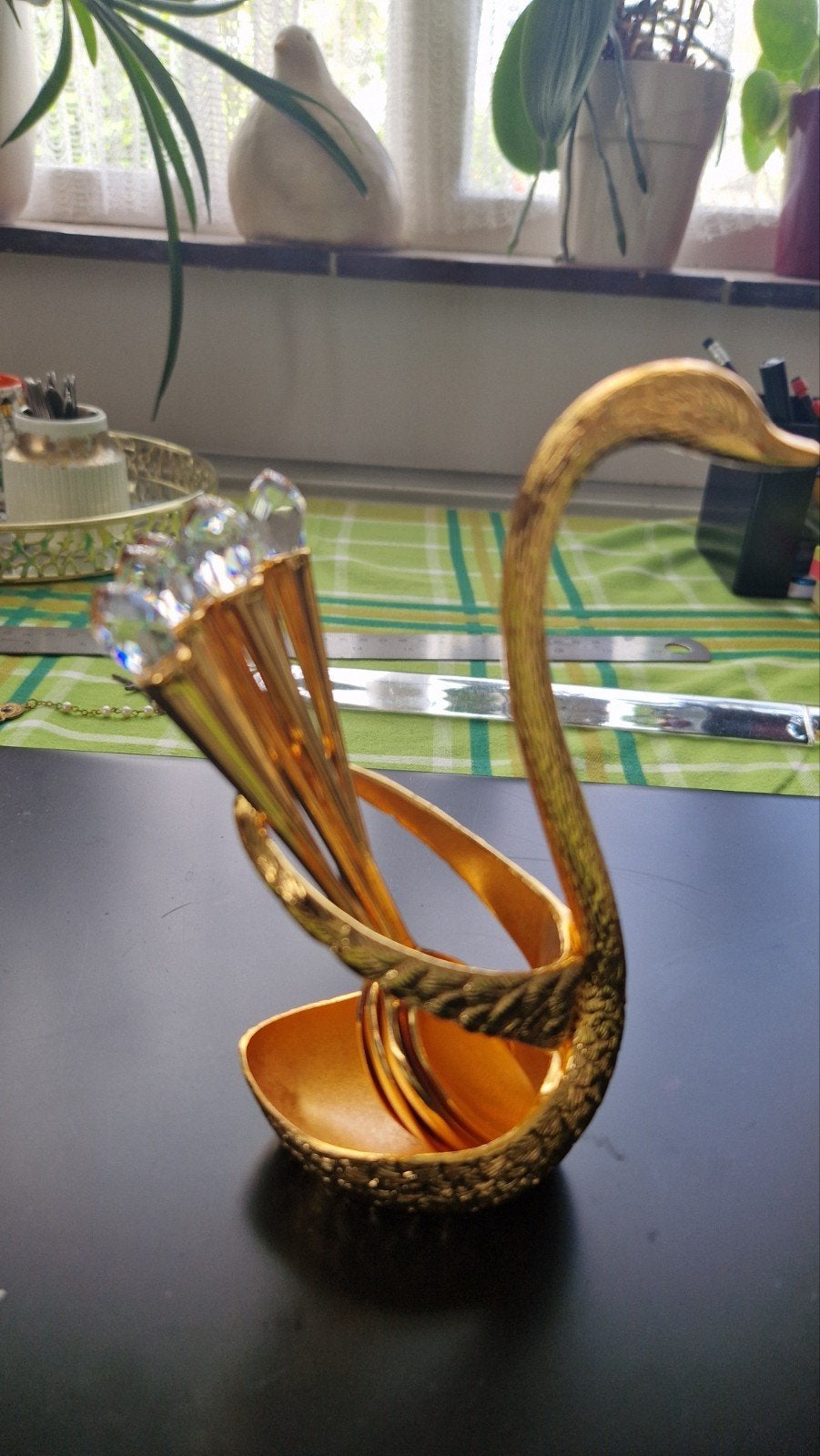 Gouden zwanenlepelhouder met 6 lepels, Antiek en Kunst, Ophalen of Verzenden