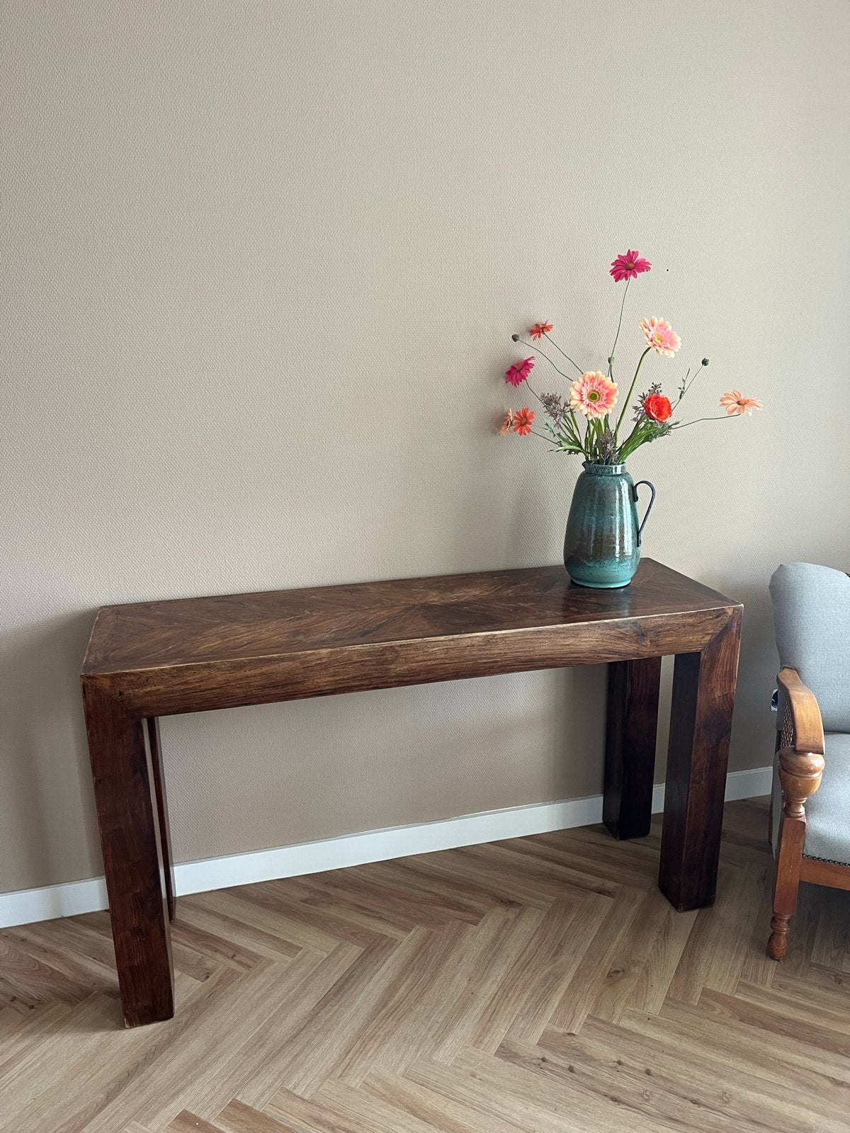 Stevige sidetable met visgraat blad - 140x43x80 cm, Ophalen, Gebruikt, 100 tot 150 cm, Overige houtsoorten