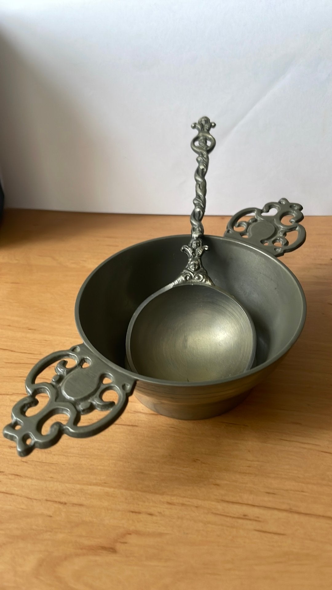 Tinnen schaaltje met lepel, Ophalen of Verzenden