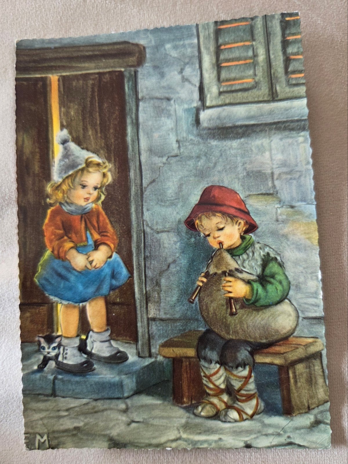 Oude ansichtkaart: Jongen met doedelzak en meisje, Verzamelen, Verzenden, 1940 tot 1960, Gelopen, Kinderen