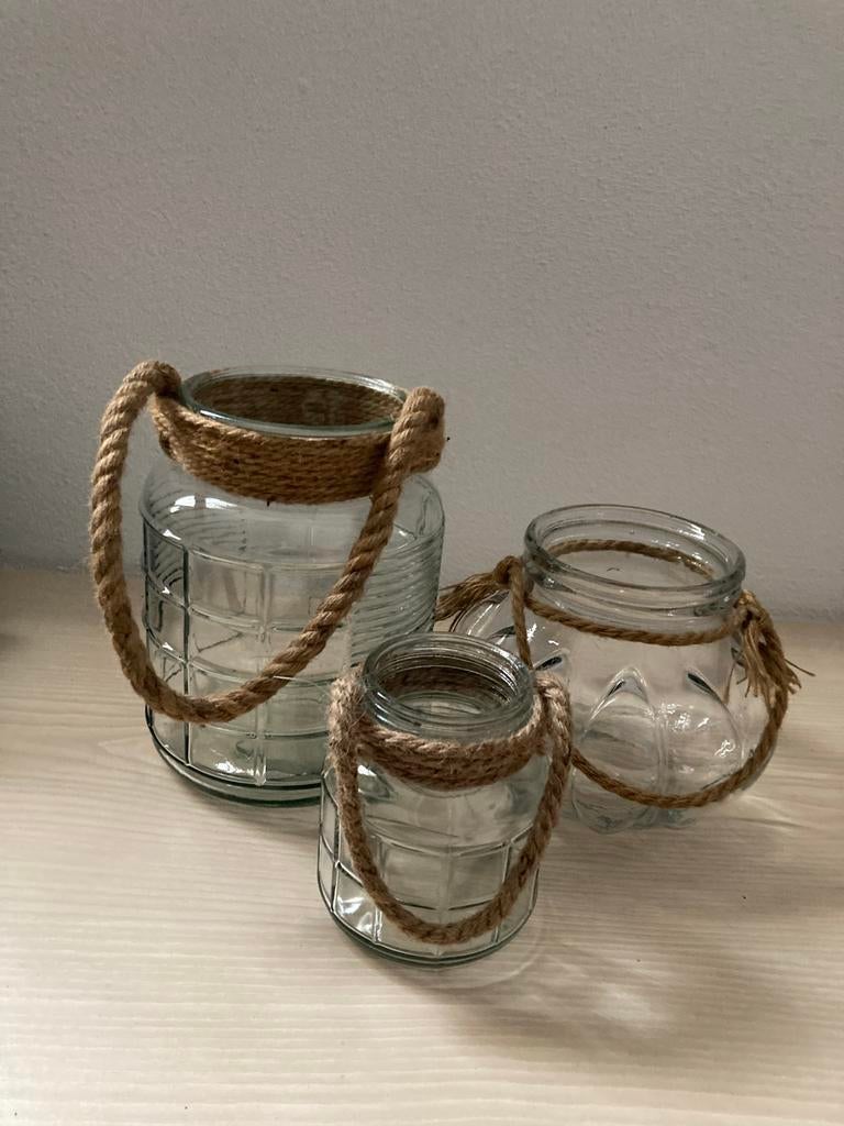 3 Decoratieve Glazen Vazen met Touw, Huis en Inrichting, Woonaccessoires | Vazen, Ophalen of Verzenden, Gebruikt, Overige kleuren