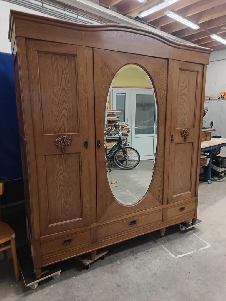 Antieke , licht eiken kledingkast, spiegelkast, demontabel, Huis en Inrichting, Kasten | Kledingkasten, 200 cm of meer, 150 tot 200 cm