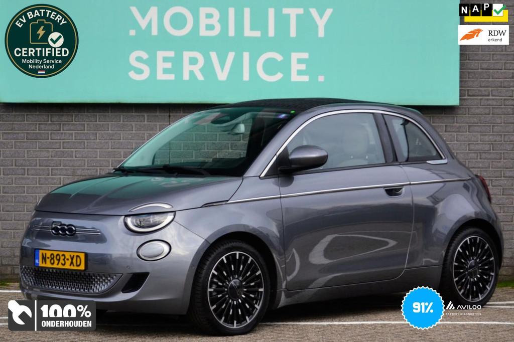 Fiat 500 C La Prima 42 kWh SOH91% Leder LED CAM CarPlay AUT, Auto's, Fiat, 118 pk, Cabriolet, 4 stoelen, Zilver of Grijs