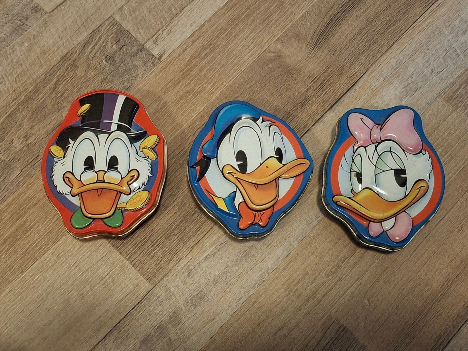 Disney blikken opbergdoosjes vintage Donald, Dagobert en Kat, Verzamelen, Ophalen of Verzenden, Donald Duck, Gebruikt, Beeldje of Figuurtje