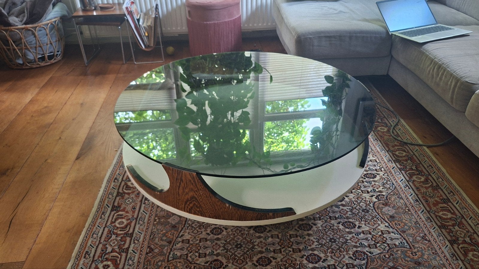 Vintage 60s/70s space age salontafel met rookglas, Ophalen, Gebruikt, 50 tot 100 cm, Glas