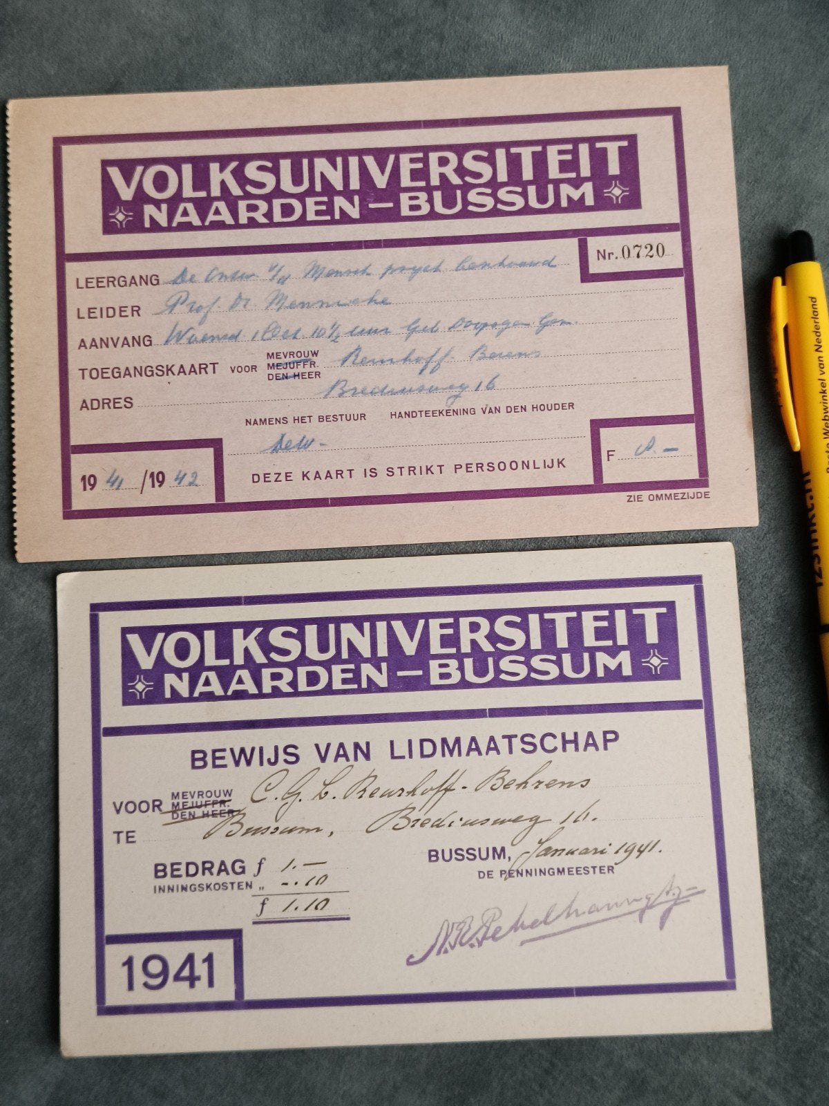 2 X BEWIJS LIDMAATSCHAP VOLKSUNIVERSITEIT, NAARDEN, BUSSUM, Ophalen of Verzenden, Gelezen