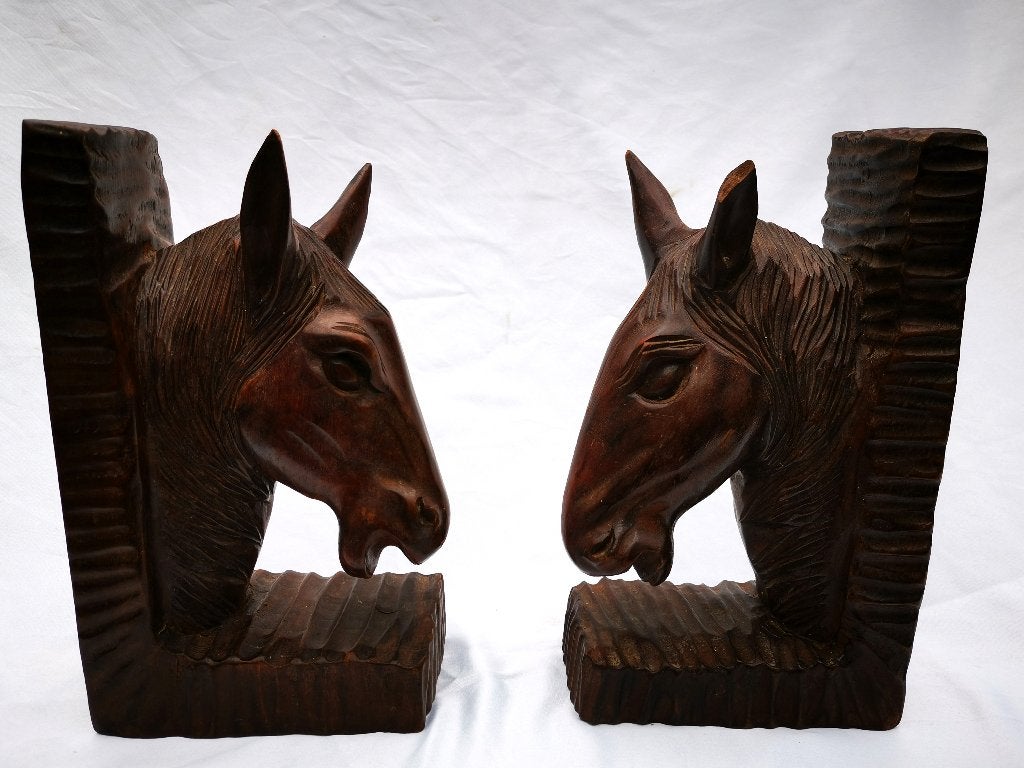 vintage set van 2 houten gesneden boekensteunen paard hoofd, Ophalen of Verzenden, Houtsnijwerk
