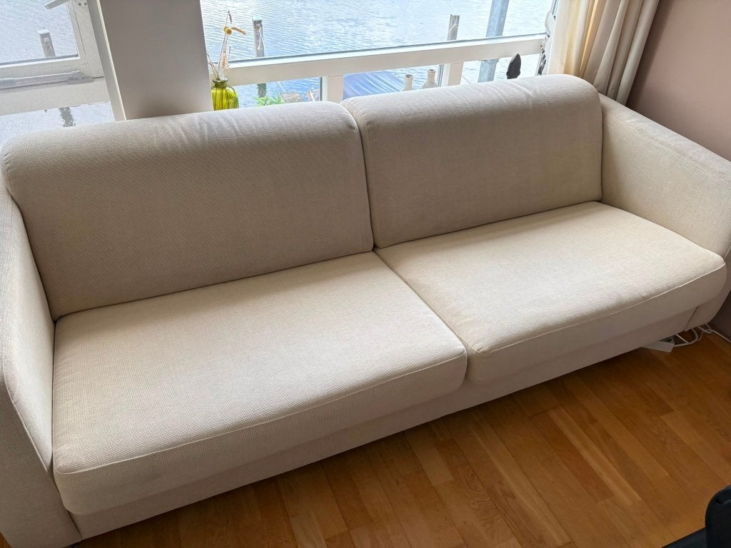 Comfortabele beige bank, Ophalen, Gebruikt, Driepersoons, 75 tot 100 cm