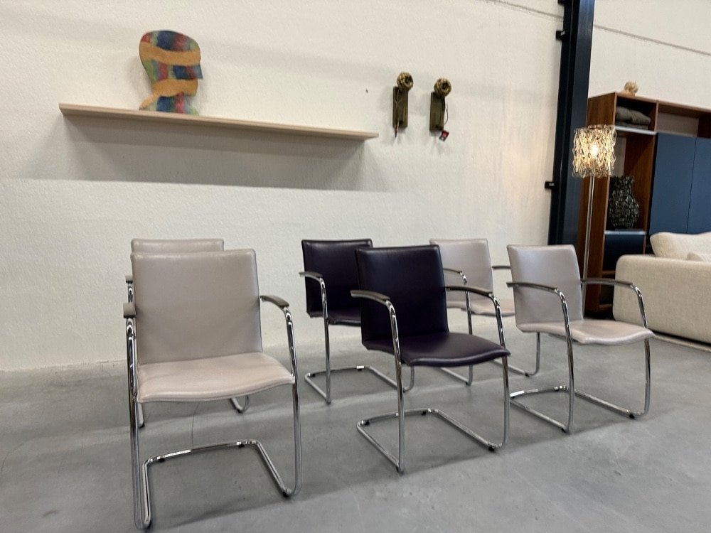 6 Als nieuw Leolux Freyr eetkamerstoelen Paars grijs stoel, Leolux, Info@leolux.nl, Leer, Ophalen of Verzenden