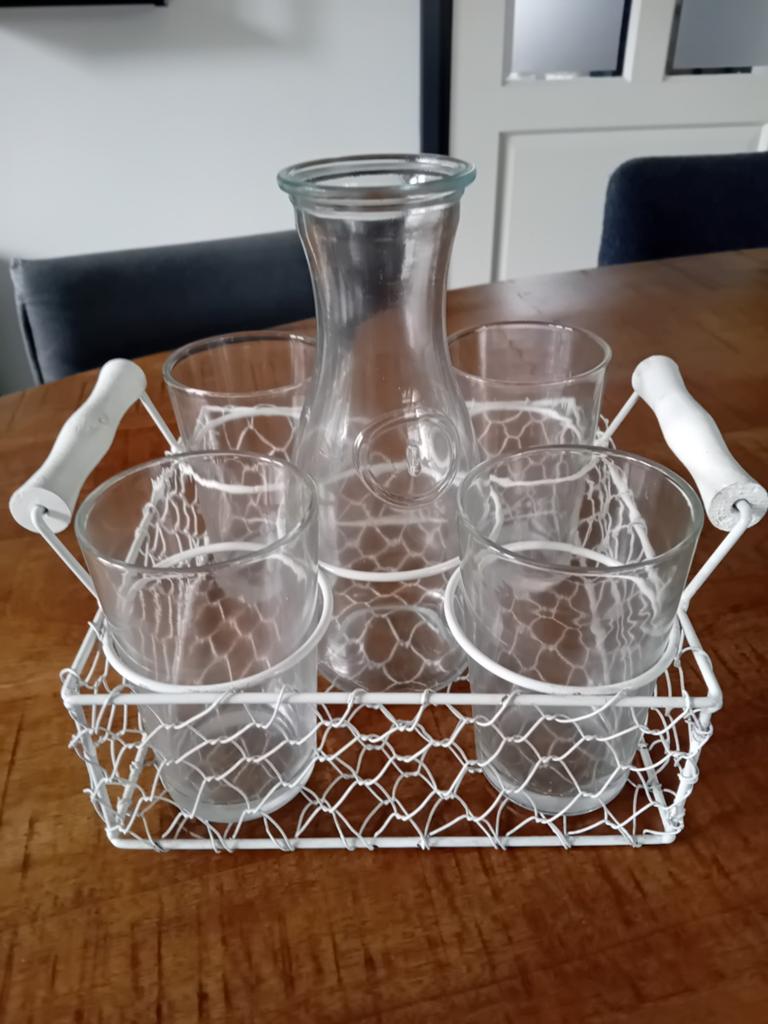 Waterkan met 4 glazen in metalen rekje, Ophalen, Zo goed als nieuw, Metaal, Minder dan 50 cm
