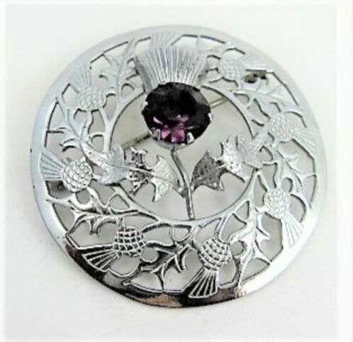 MIZPAH Vintage Schotse broche Distels met Paarse Steen (7941, Sieraden, Tassen en Uiterlijk, Ophalen, Zo goed als nieuw, Zilver