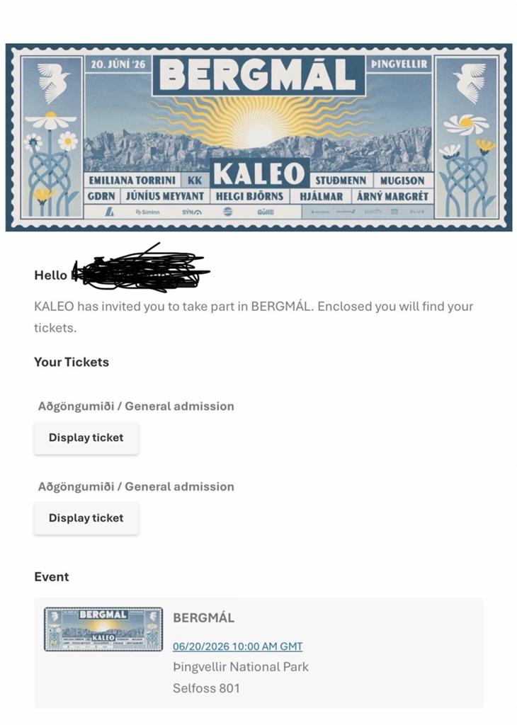 Two tickets for Bergmal with Kaleo and others (Iceland), Ophalen, Dier of Natuur
