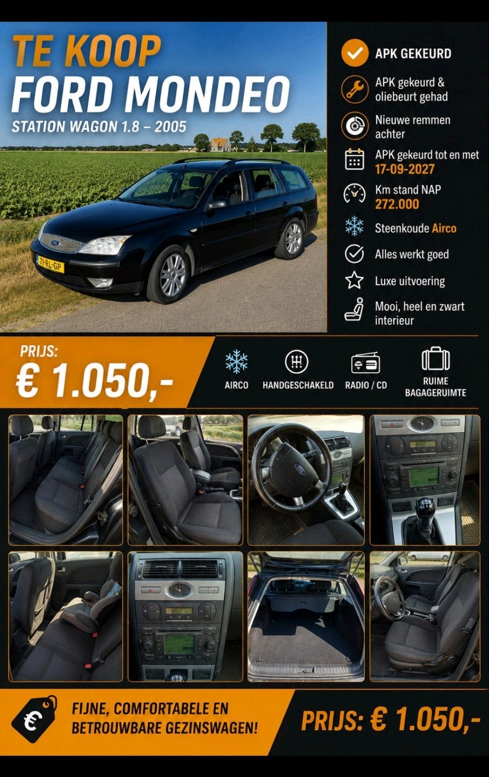 Ford Mondeo 1.8 16V 92KW Wagon 2005 Zwart, Auto's, 4 cilinders, Zwart, Origineel Nederlands, Stationwagon