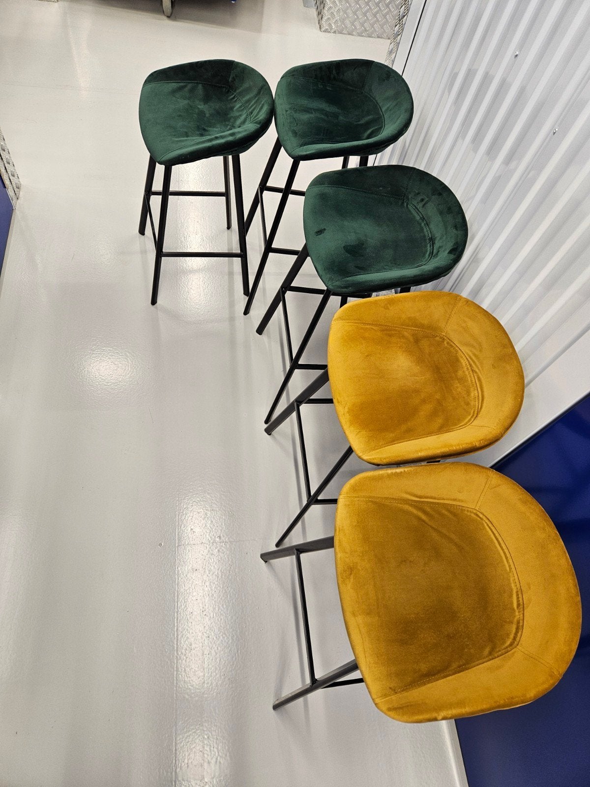 5 Barkrukken - groen en geel fluweel, Ophalen, Met voetsteun, 60 tot 90 cm, Metaal