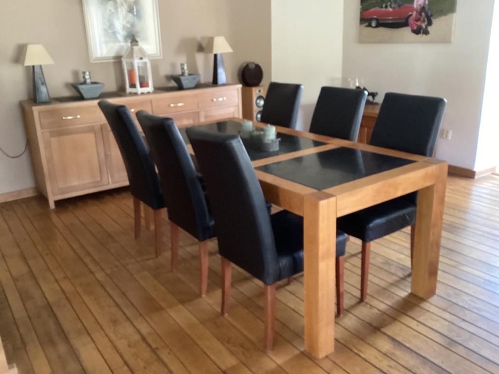 Mooie blank eiken tafel met leren stoelen, Ophalen, 200 cm of meer, 50 tot 100 cm, Zo goed als nieuw